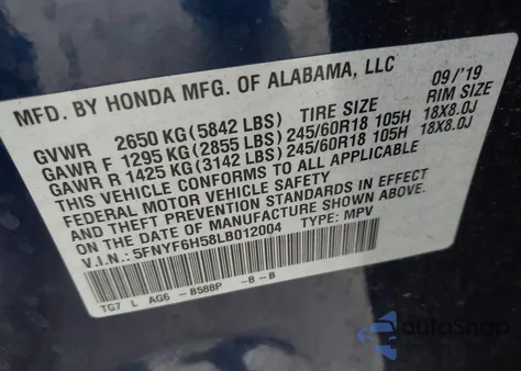 2020 Honda Pilot Awd Ex-L z USA, uszkodzony, nr VIN 5FNYF6H58LB012004